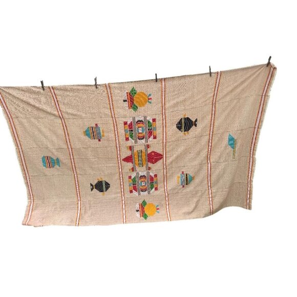 Handwoven Cotton Blanket/Tapestry With Colorful Fish & Geometric Patterns - 60"x - Picture 1 of 5